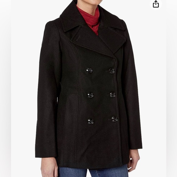 LONDON FOG Beige Tan Wool Blend Double Breasted Long Sleeve Pea Coat Jacket Sz L - Picture 6 of 15